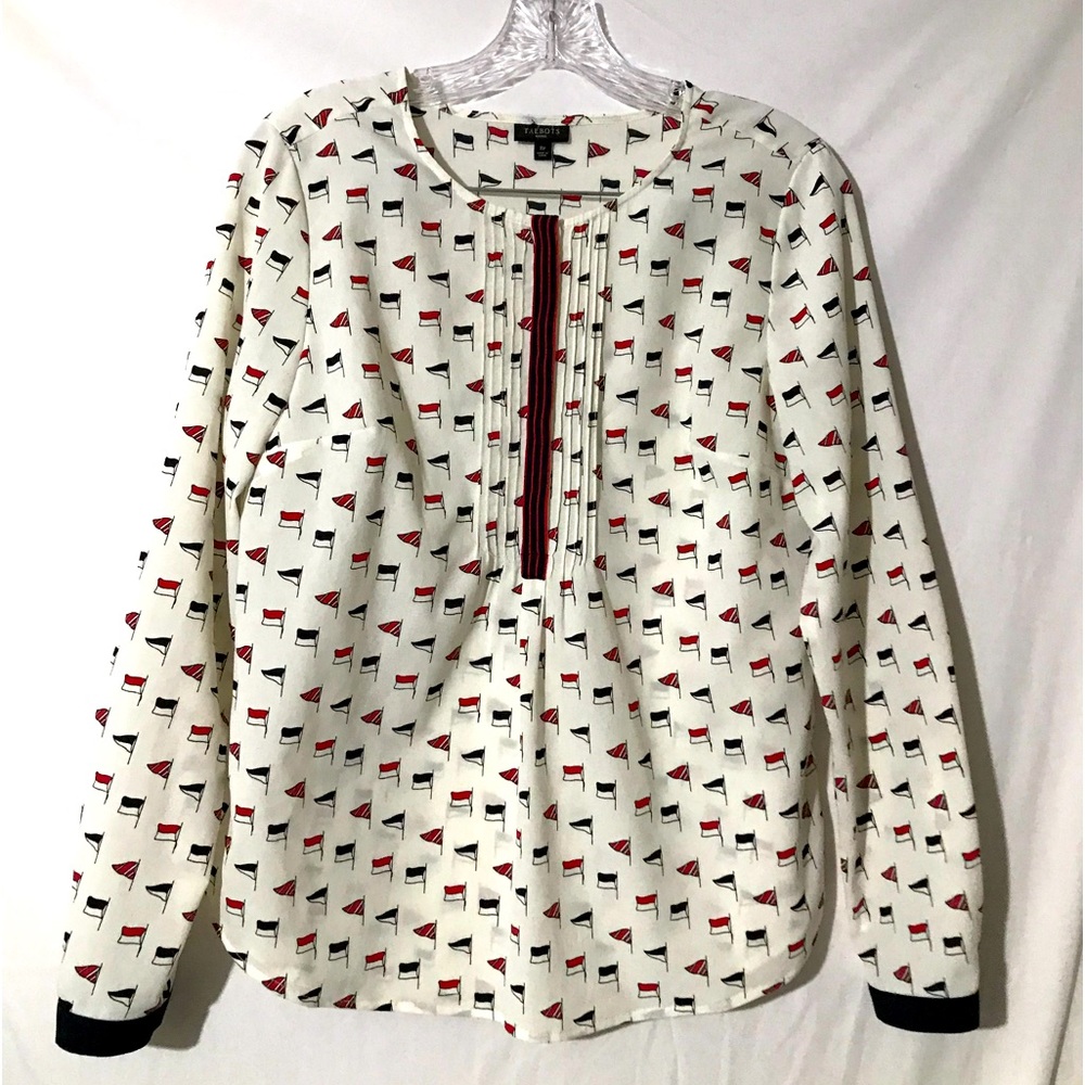 Talbots- Sheer, ivory fabric with red and blue sailboats. Size 8p